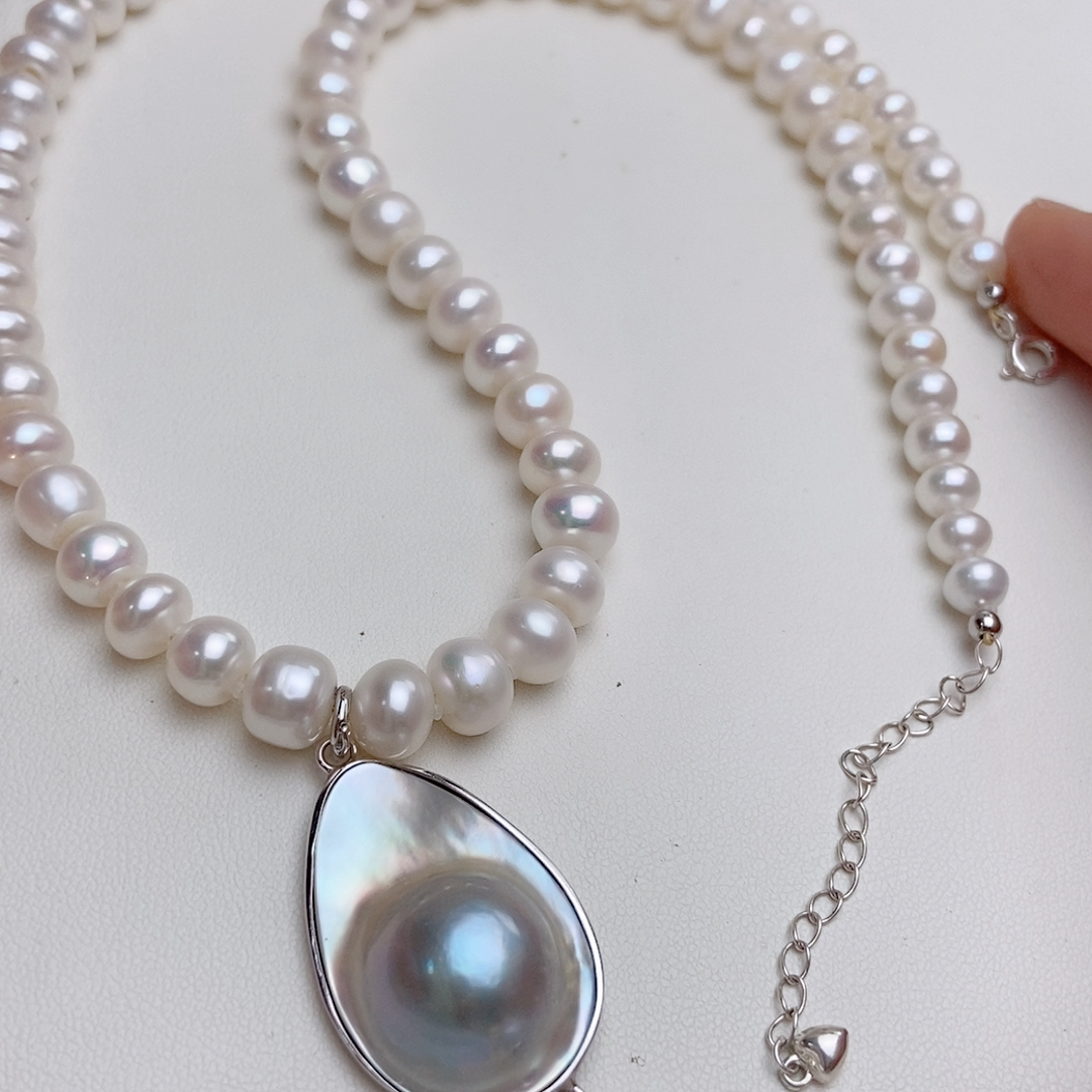 天然淡水珍珠项链50cm，海水马贝吊坠一套