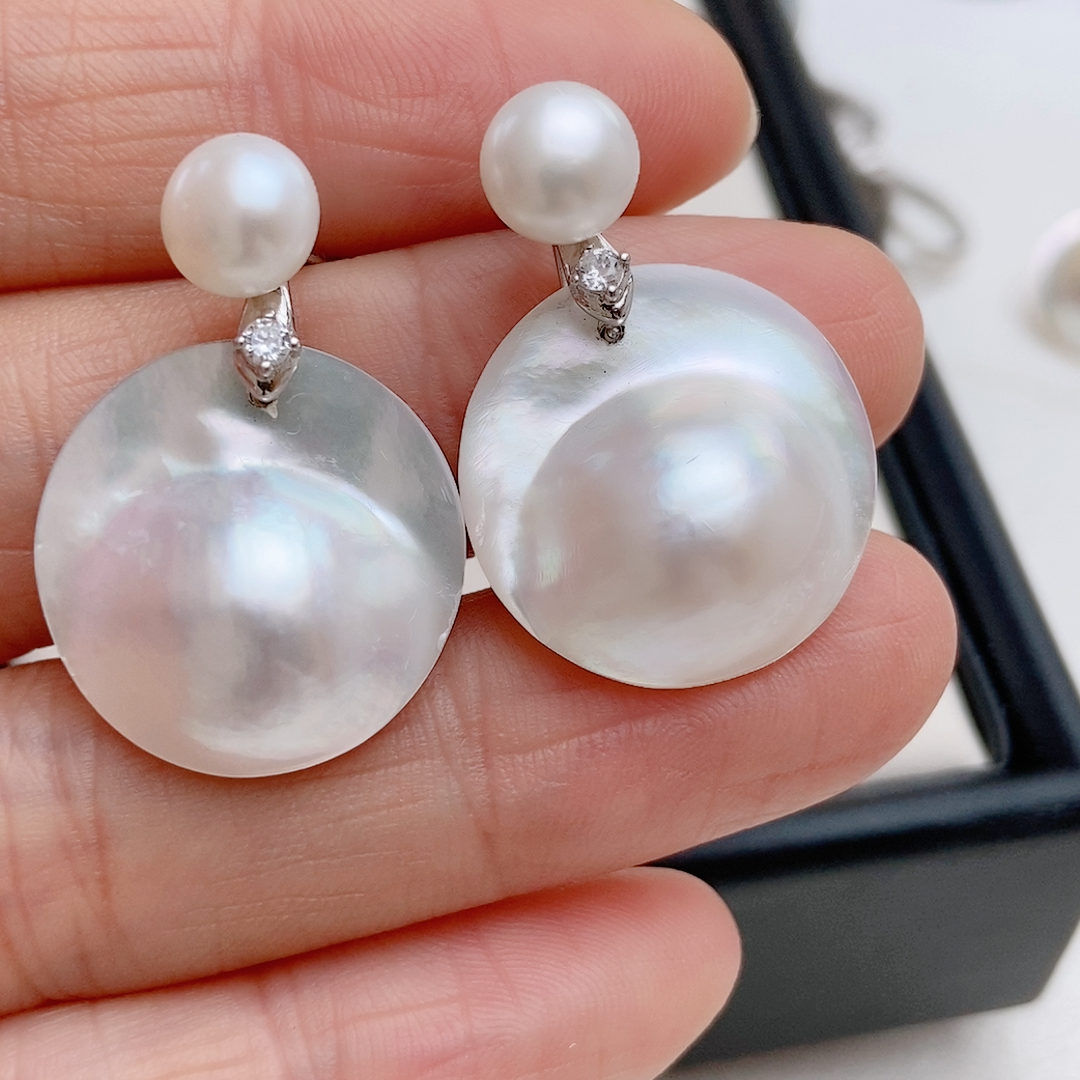 20-21mm白色澳洲海水马贝耳钉，设计款