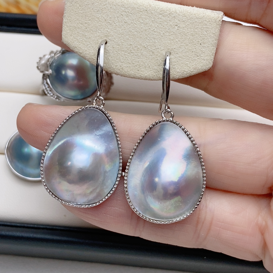 水滴海水马贝耳环，纯银