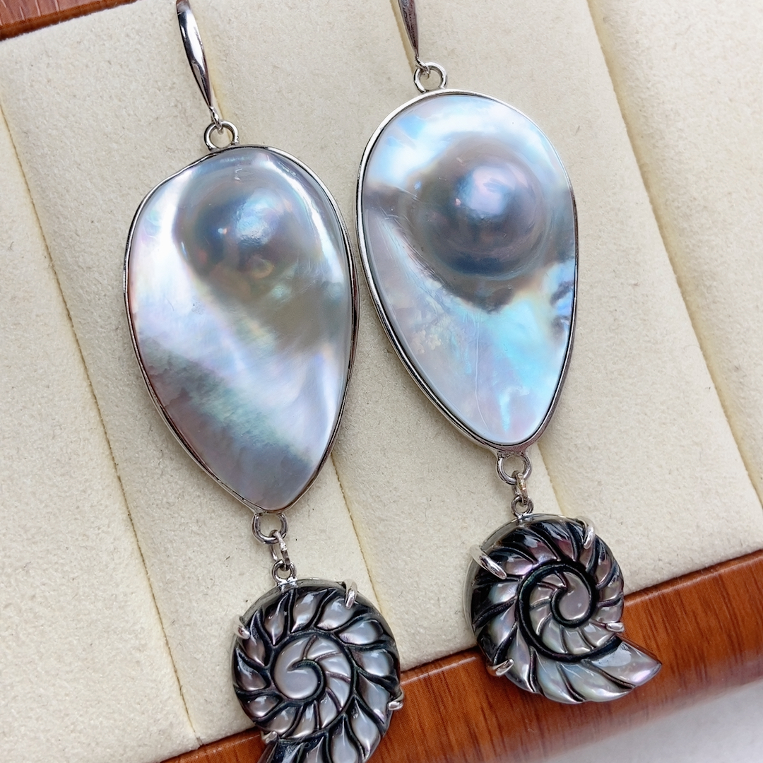 超长海水马贝耳环，水滴，海螺