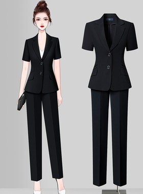 夏季薄款短袖西装套装女职业装酒店餐饮服务员工作服通勤女士西服