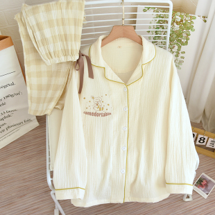 薄款 文艺风全棉家居服夏季 宽松 双层纱布套装 春秋女纯棉睡衣长袖