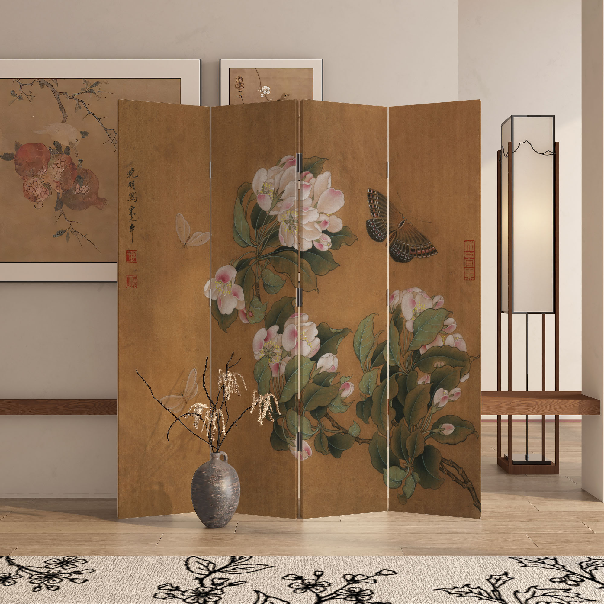 新中式屏风隔断折屏客厅书房装饰隔断玄关花卉遮挡沙发直播间背景