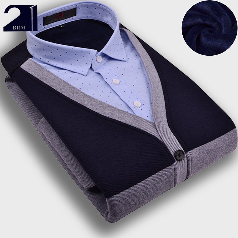 培罗蒙加绒加厚酒红衬衫领保暖衬衣休闲假两件针织衫磨毛棉上衣男