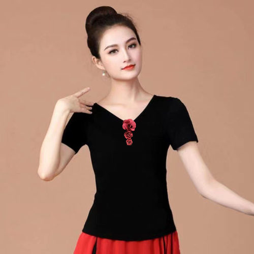 古典舞练功服黑上衣V领短袖中袖长袖立体玫瑰花形体广场舞服装女