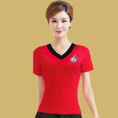广场舞跳舞服装成人夏季凉爽莫代尔棉短袖红色上衣中老年运动