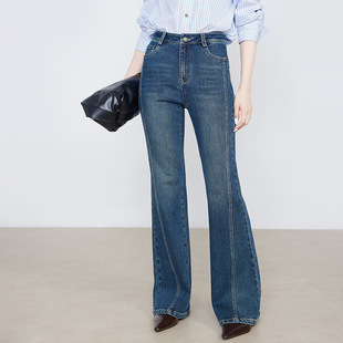 忆霏设计感分割线高腰微喇牛仔裤女秋季新款修身显瘦弹力喇叭