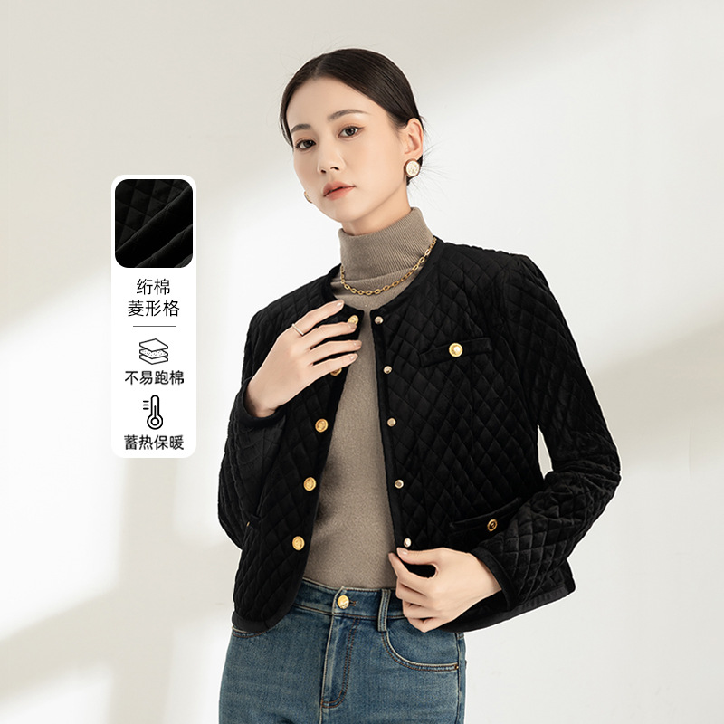 黑色菱格短款棉服丝绒小香风外套