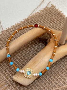 A·S橄榄核竹节珍珠手串波西米亚风泰式复古度假手链