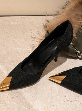 黑色高跟鞋女2025年新款细跟设计感小众气质百搭金属秋季尖头单鞋