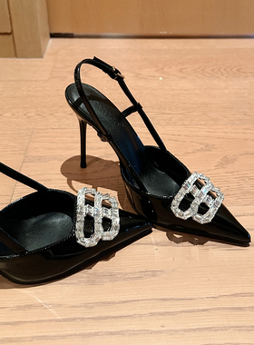 黑色高跟鞋女包头尖头细跟水钻BB扣凉鞋法式气质单鞋2025夏季新款