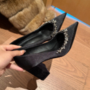 气质高级不累脚单鞋 黑色高跟鞋 粗跟尖头水钻法式 新款 女2025秋季