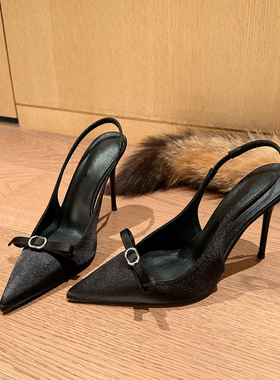 凉鞋女2025秋季新款高跟鞋女细跟尖头蝴蝶结法式气质绝美单鞋黑色