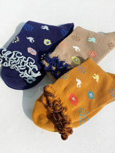 日单皆川明飞鸟秋冬棉袜森系复古荷叶边女袜中筒袜 天空来信