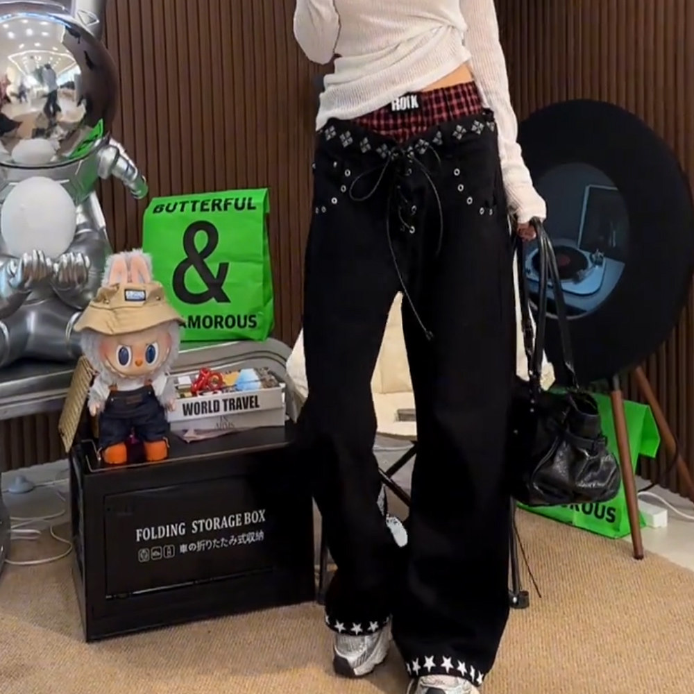 美式高街朋克风牛仔裤女春秋新款设计感时尚拼接洋气百搭直筒长裤,女装/女士精品,牛仔裤,淘宝优惠券,粉丝福利购,淘宝优惠卷