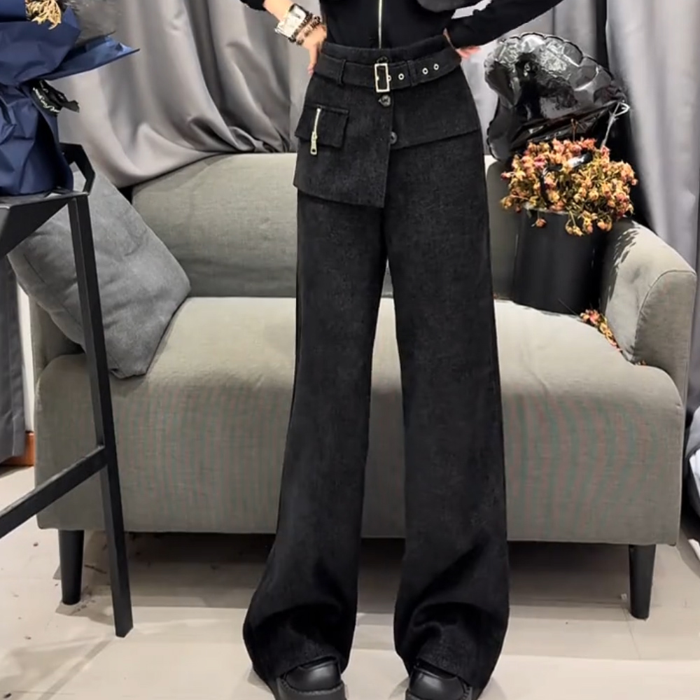 设计感黑色高腰阔腿裤女