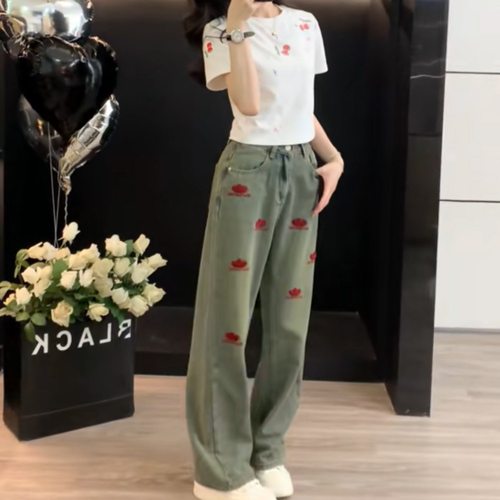 高级感刺绣牛仔裤女春秋新款高腰显瘦阔腿裤时尚休闲裤洋气长裤,女装/女士精品,牛仔裤,淘宝优惠券,粉丝福利购,淘宝优惠卷