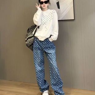 美式复古满印牛仔裤女秋季新款高腰显瘦宽松阔腿裤休闲时尚长裤