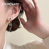 优雅流苏独特耳坠两戴式 卡洛美墨绿叠影前后式 耳环女法式 气质耳饰