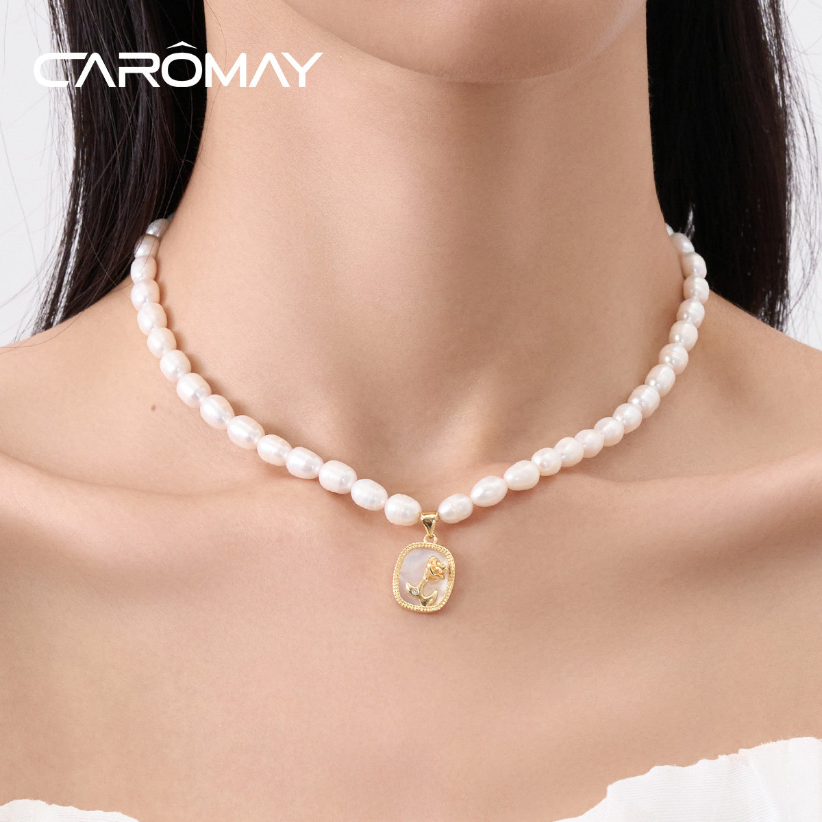 CAROMAY淡水珍珠项链女复古锁骨链玫瑰花吊坠法式轻奢短款颈链