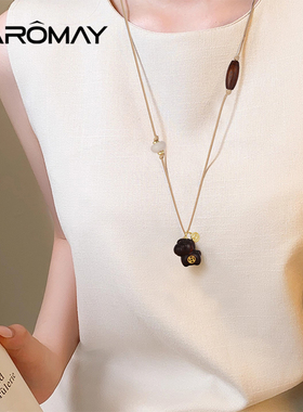 卡洛美木马载福项链马上有钱木质钱币长款毛衣链复古中式挂绳配饰