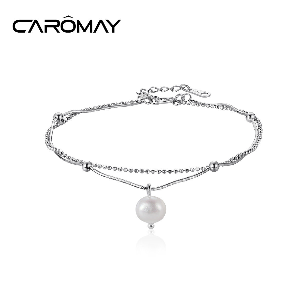 CAROMAY淡水珍珠吊坠手链女简约气质高级双层手环S925纯银手饰品