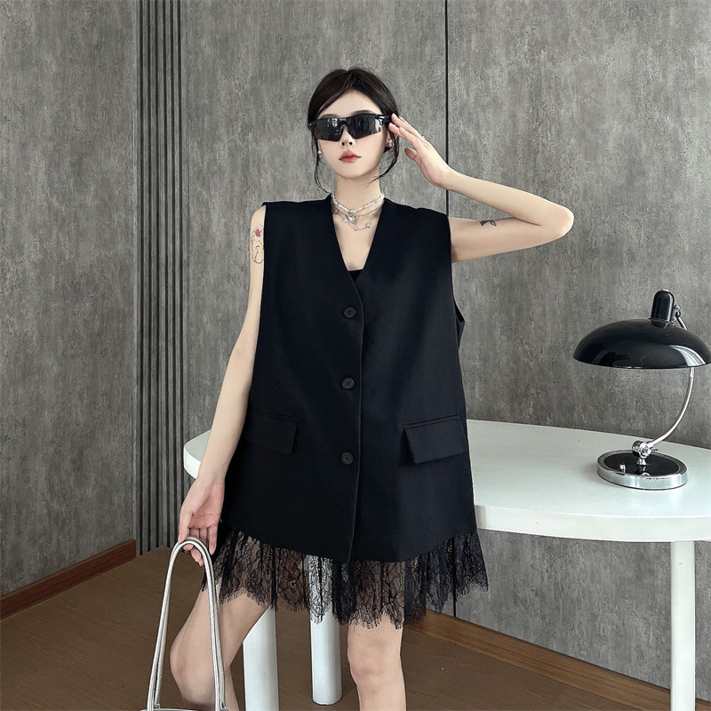 mapogo蕾丝拼接V领黑色西装马甲背心外套女夏季无袖休闲西服上衣