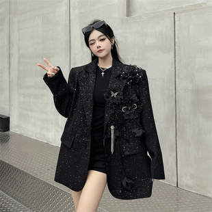 mapogo小众设计亮闪闪星星黑色西装外套女可拆卸花朵宽松垫肩西服