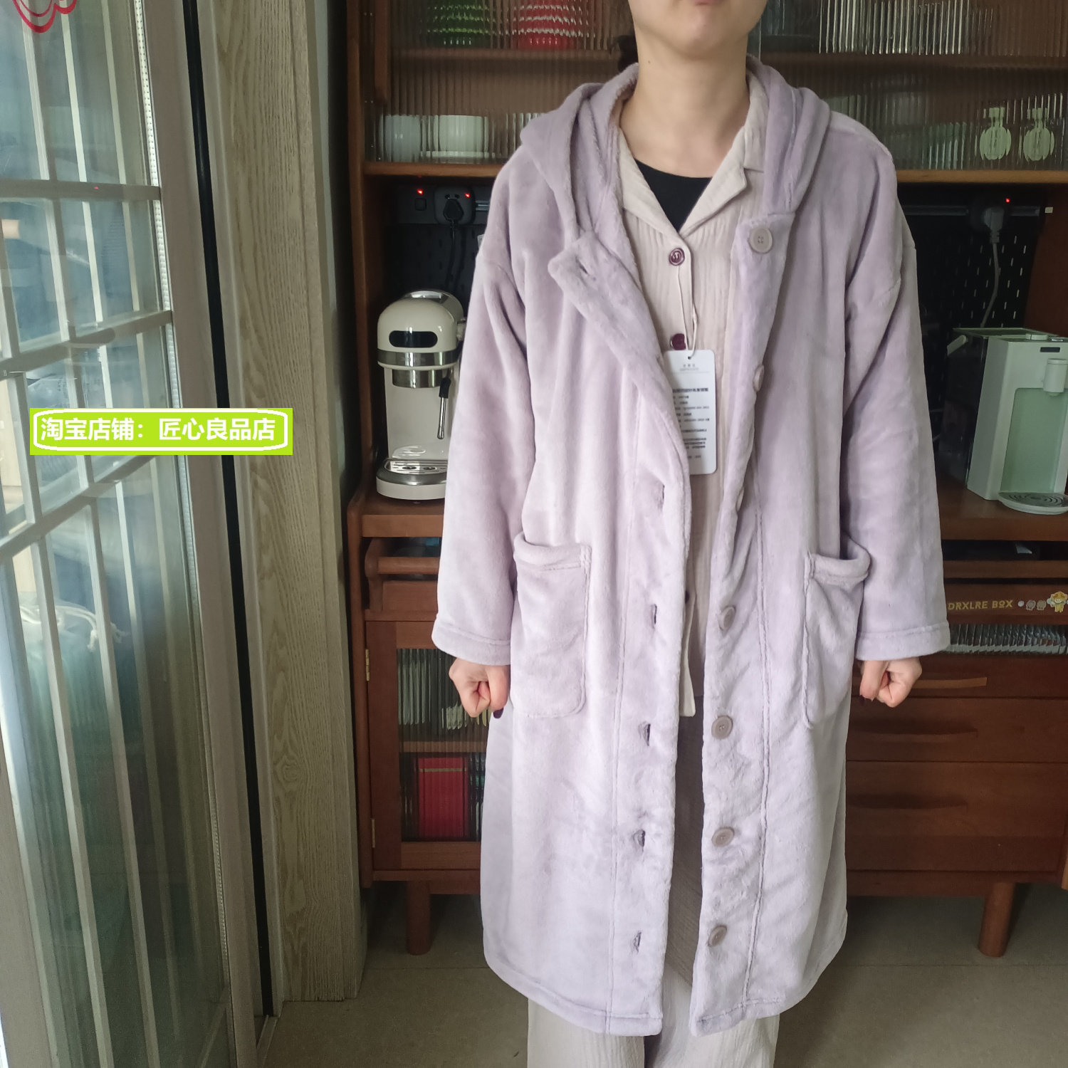 睡袍暖柔微纤维开衫连帽女款长衫