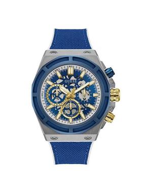 代购GUESS男士腕表计时夜光日期多时区硅胶防水金属蓝色运动休闲
