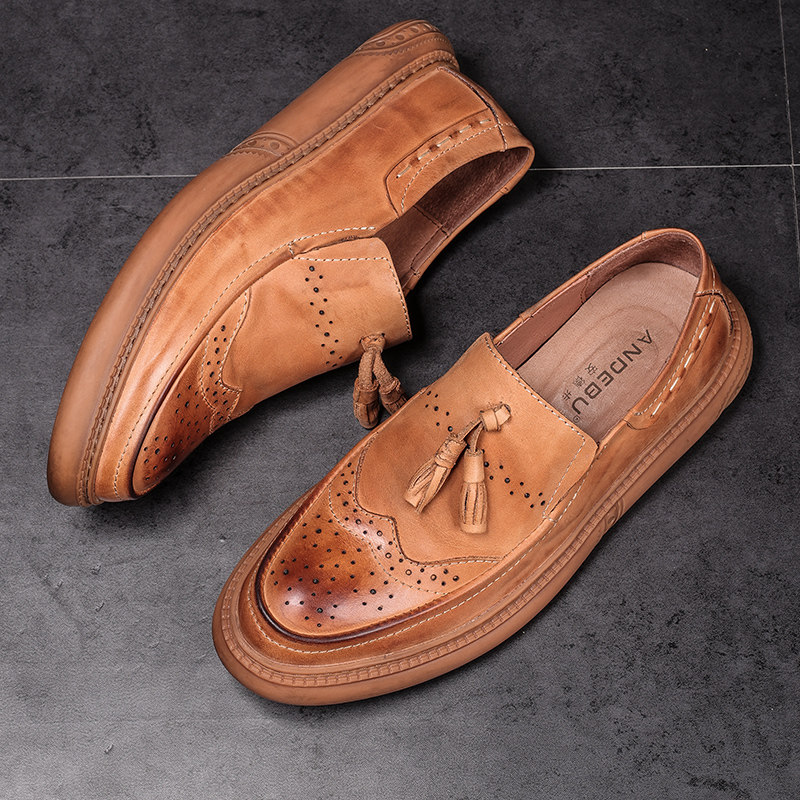 夏季流苏乐福鞋一脚蹬男真皮透气英伦布洛克男鞋韩版男士休闲鞋潮,流行男鞋,单鞋,淘宝优惠券,粉丝福利购,淘宝优惠卷