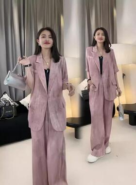 2025年夏季大码女装薄款西装套装胖m200斤韩版西服阔腿裤两件套装