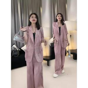 2024年夏季大码女装薄款西装套装胖m200斤韩版西服阔腿裤两件套装