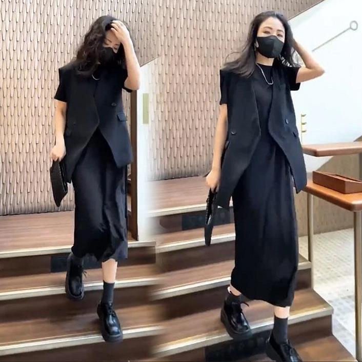 大码女装2025年夏季微胖mm200斤马夹显瘦针织中长裙休闲两件套装