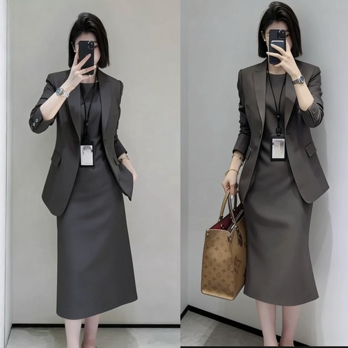 大码200斤遮肚显瘦西装裙两件套