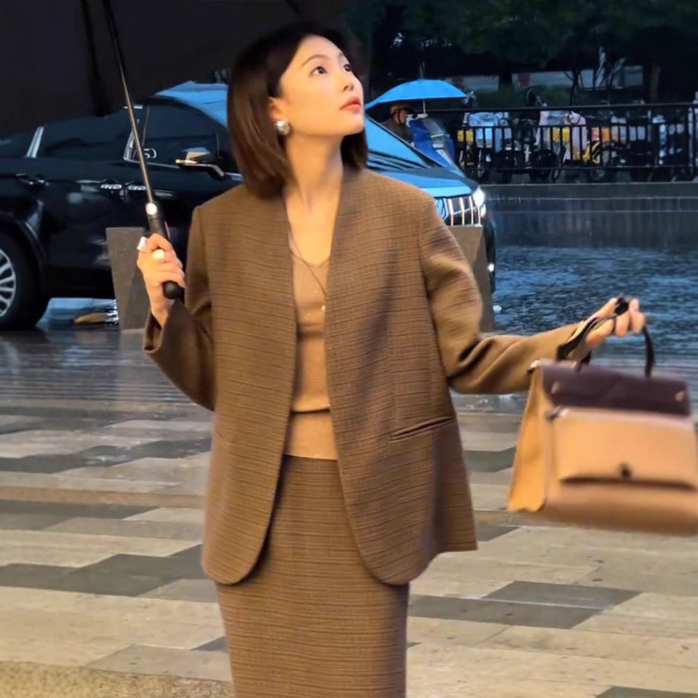 秋冬大码小香风西装半身裙套装