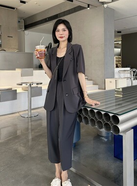 高端定制短袖西装胖妹妹大码女装薄款胖m200斤显瘦OL西服两件套装