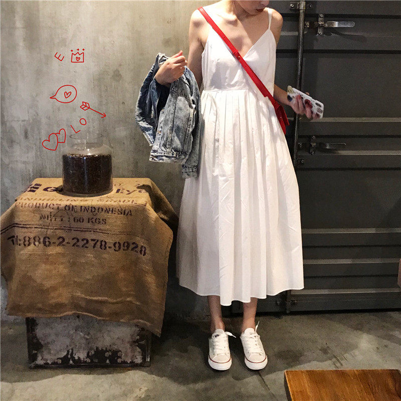 秋季V领吊带蓬蓬连衣裙白色