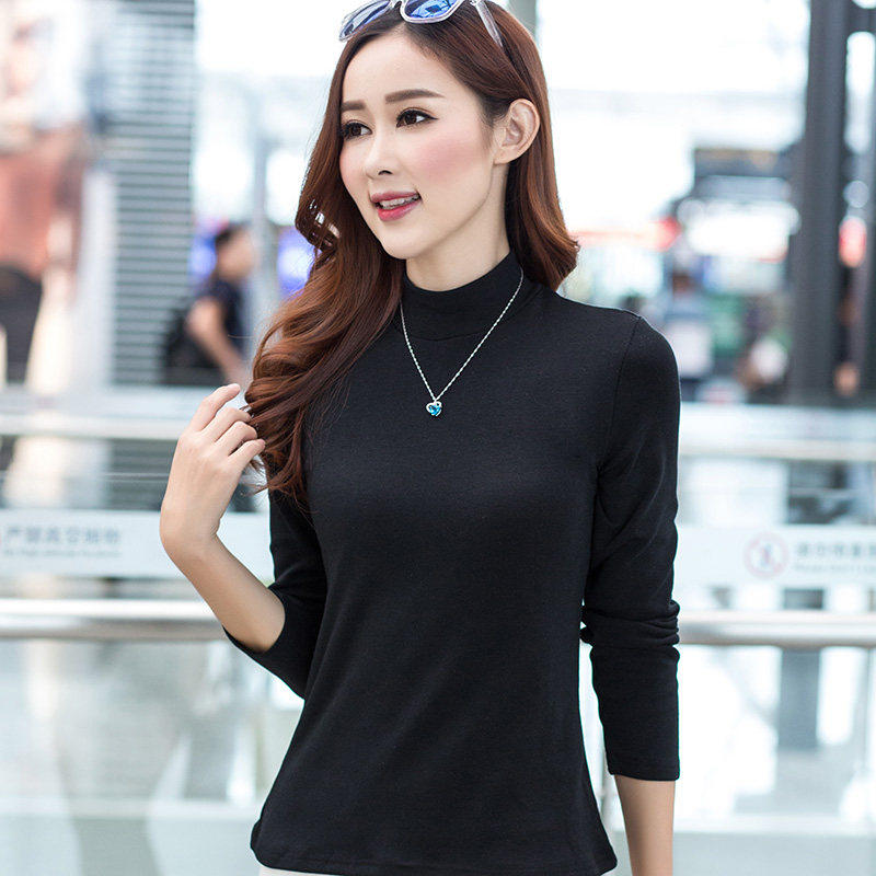 纯棉莱卡秋季薄款打底衫女士紧身弹力半高领纯色长袖保暖内搭上衣