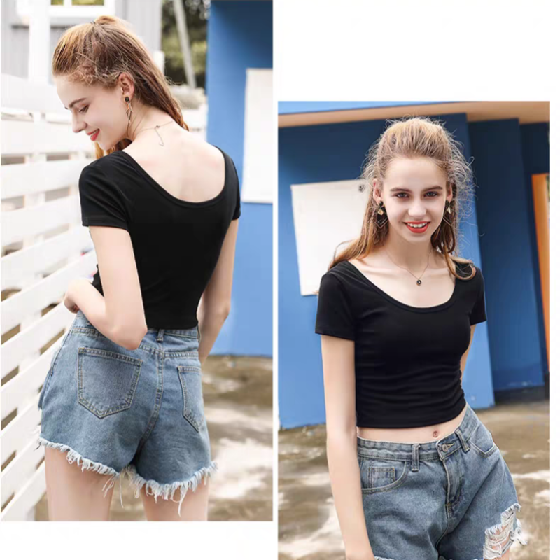女装夏季U领修身显瘦小个子短袖
