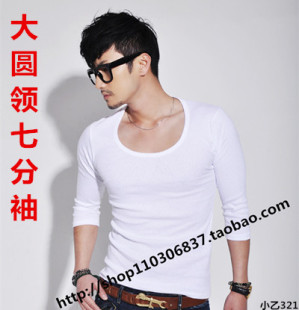 紧身五分七分袖 秋季 上衣服低领潮 t恤纯棉打底衫 中袖 2025新款 男士