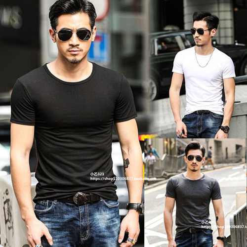 夏装男士紧身短袖t恤圆领黑白色打底半袖男装修身体恤潮男上衣服