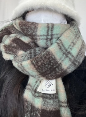 绿色复古格子围巾女秋冬季加厚保暖2025新款韩系氛围感学生大围脖