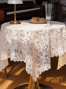 浮绣鸢尾纱法式白色蕾丝桌布高级感北欧台布圆桌盖布长方形盖巾