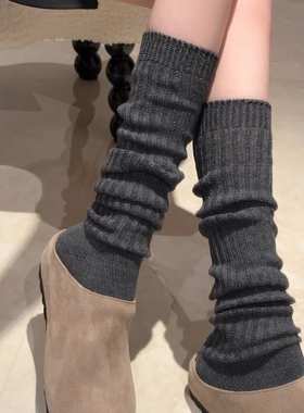 2025新款纯色针织粗线灰色小腿袜套女秋冬日系配瑜伽鲨鱼裤袜套棉