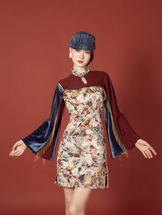 花火 改良旗袍酒红流苏高级礼服短裙 壹贰定制2025秋冬季 新中式