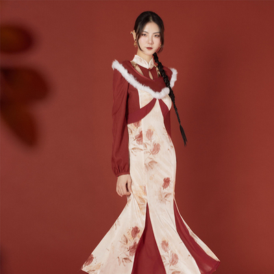 酒红色敬酒服丝绒晚会连衣裙