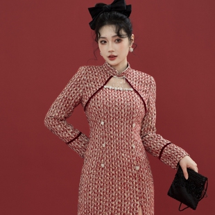 壹贰定制旗袍红色格子敬酒服2025过年秋冬新年加厚连衣裙火树银花