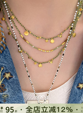 希腊Mary Gaitani天然石三层串珠编绳项链叠戴彩色手工圆片锁骨链