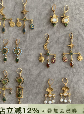 法国LA2L正品 法式天然石古典耳环金色日月爱心星星复古精致耳饰